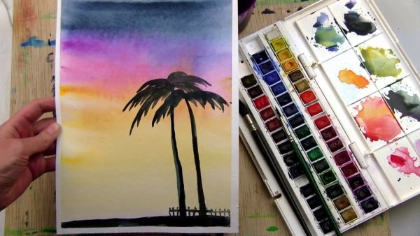 Рисование пейзажей акварелью со скотчем