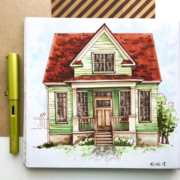 Домик скетч маркерами