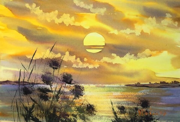 Рисунки акварелью на холсте