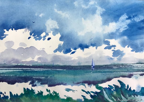 Море акварельными карандашами