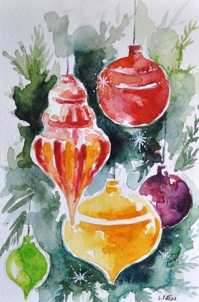 Новогодние открытки своими руками акварелью