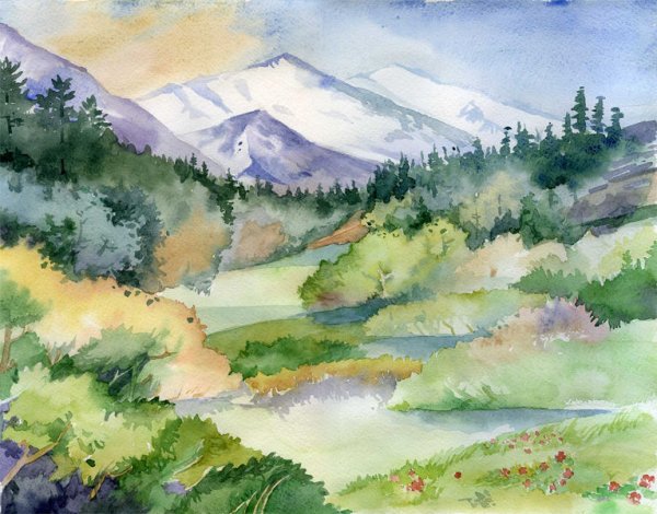Горы летом акварель
