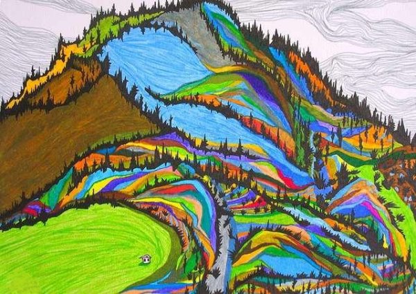 Пейзаж фломастерами и карандашами