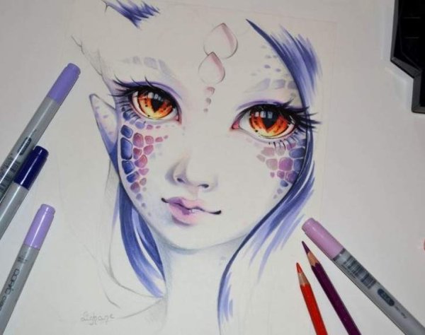 Аниме акварельными карандашами