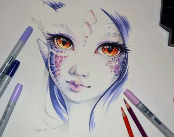 Аниме акварельными карандашами