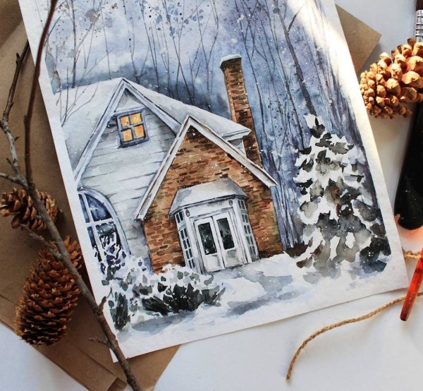 Новогодние открытки акварелью