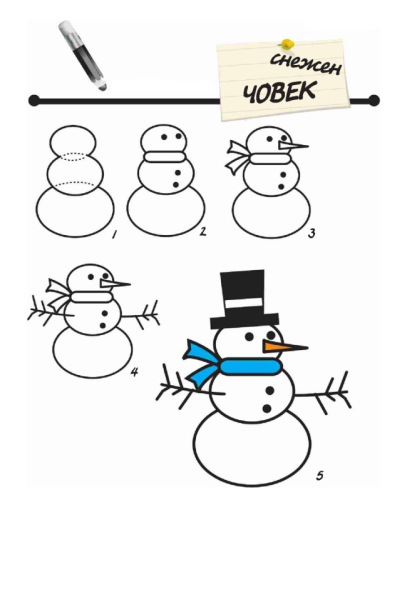 Пошаговое рисование снеговика
