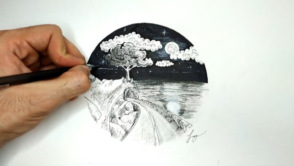 Пейзаж в круге карандашом