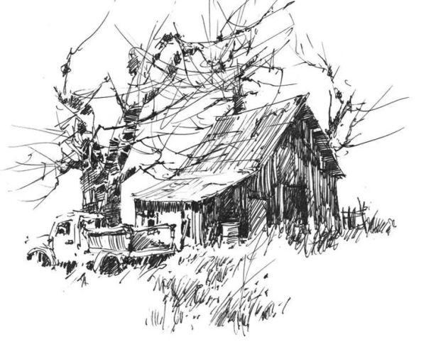 Пейзаж чёрной гелевой ручкой