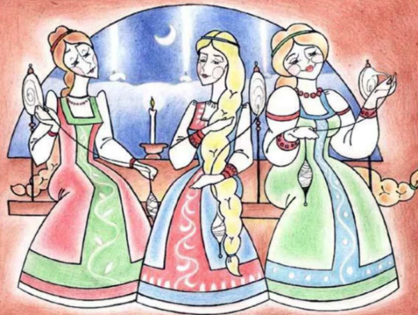 Иллюстрации к сказке о царе Салтане три девицы под окном