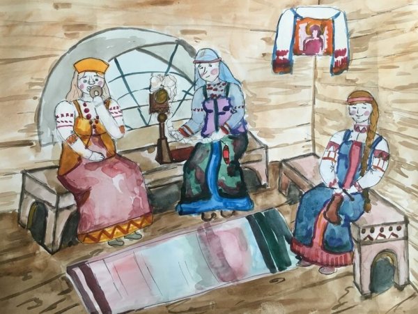 Три девицы под окном пряли поздно вечерком рисунок