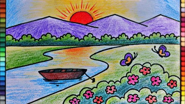 Летний пейзаж цветными карандашами