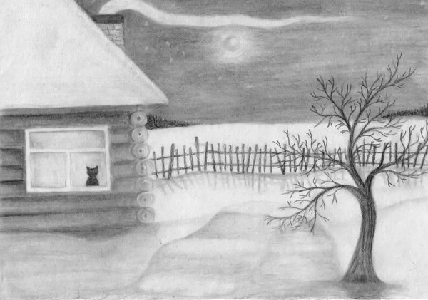 Рисование зимняя ночь