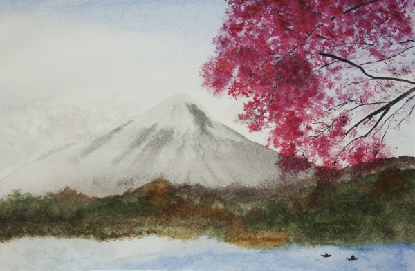 Гора Фудзияма японская гуашь