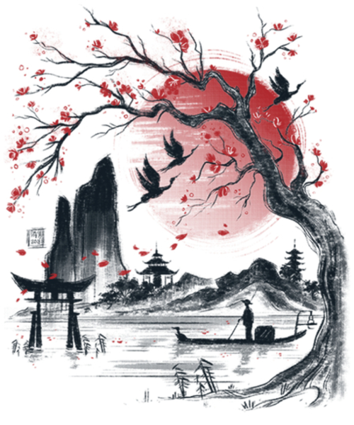 Японская живопись Суми-э Сакура традиционная гора