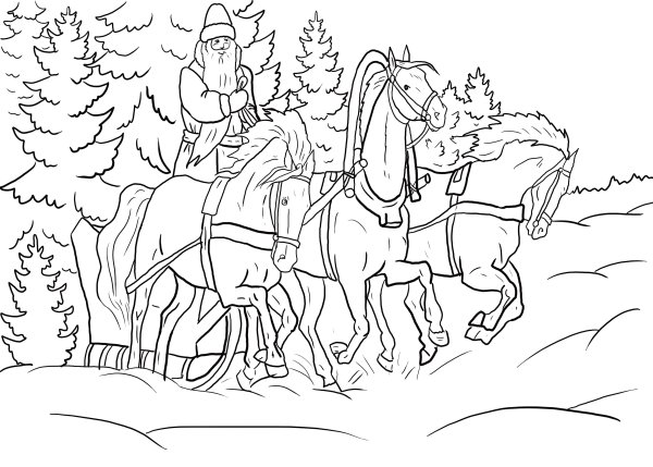 Раскраска Новогодняя тройка лошадей