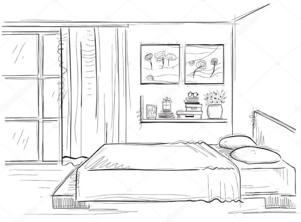 Эскизы комнаты с кроватью