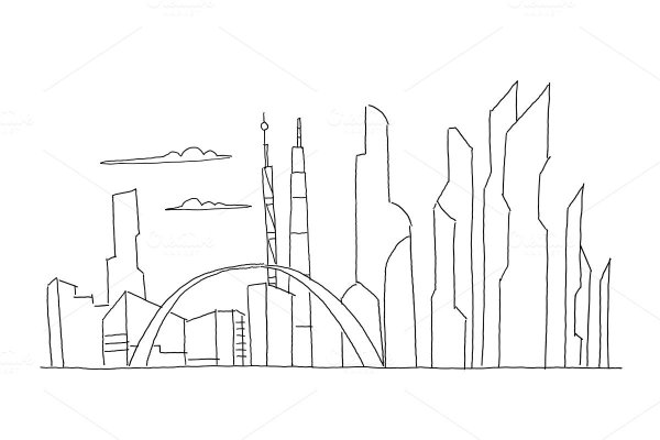 Эскиз города будущего карандашом