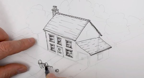 Объемный домик карандашом