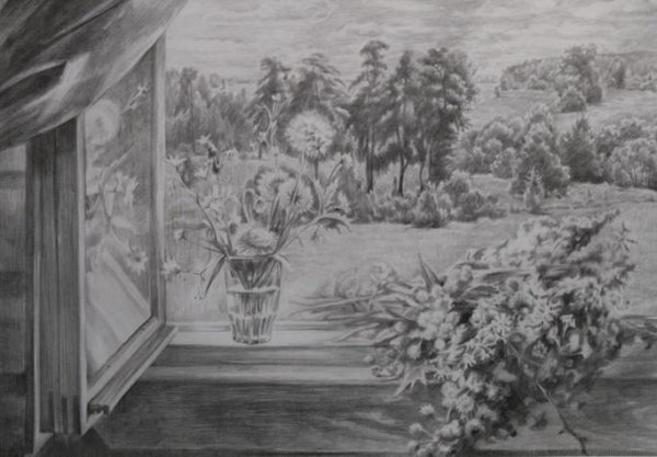 Пейзаж из окна карандашом