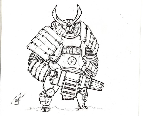 Самурай в доспехах карандашом