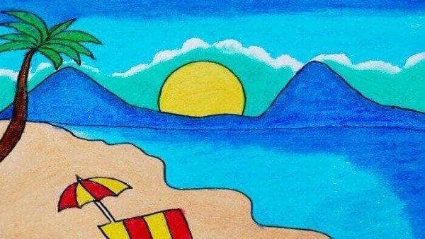 Нарисовать горы и море ребенку