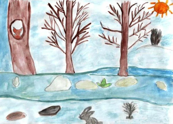 Весенний пейзаж цветными карандашами