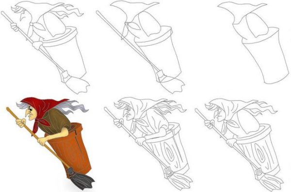 Баба Яга в ступе пошагово