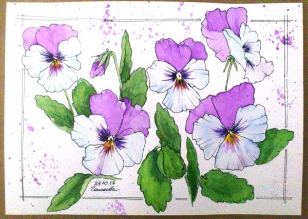 Цветок в горшке акварелью