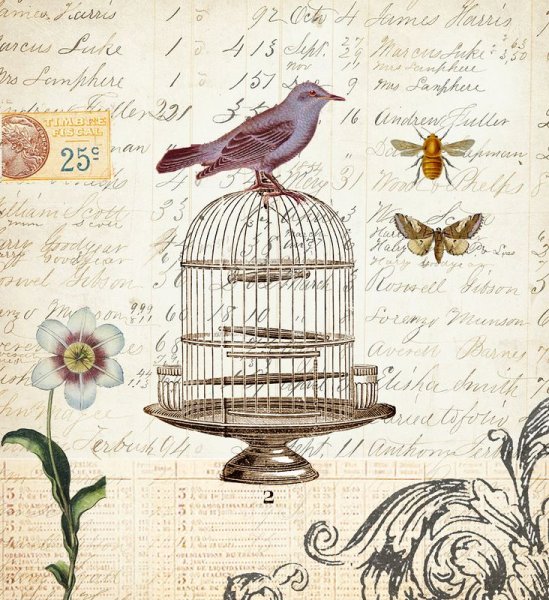 Птичка в клетке декупаж Винтаж