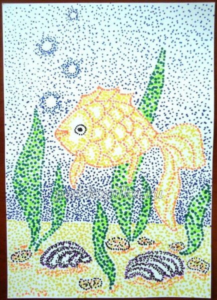 Пуантилизм техника рисования для детей Золотая рыбка