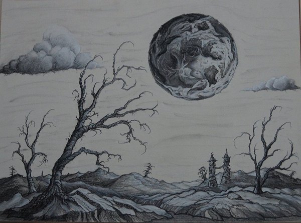 Фантастический пейзаж карандашом