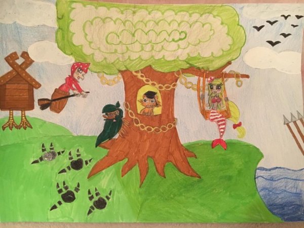 Детский рисунок на тему у Лукоморья дуб зеленый