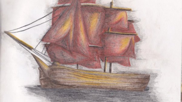 Корабль Алые паруса цветными карандашами