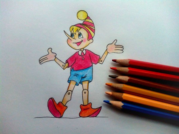 Буратино рисунок карандашом
