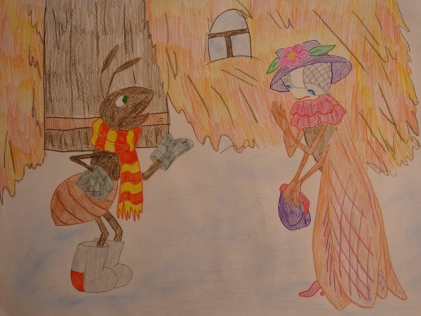 Иллюстрация к басне Крылова Стрекоза и муравей