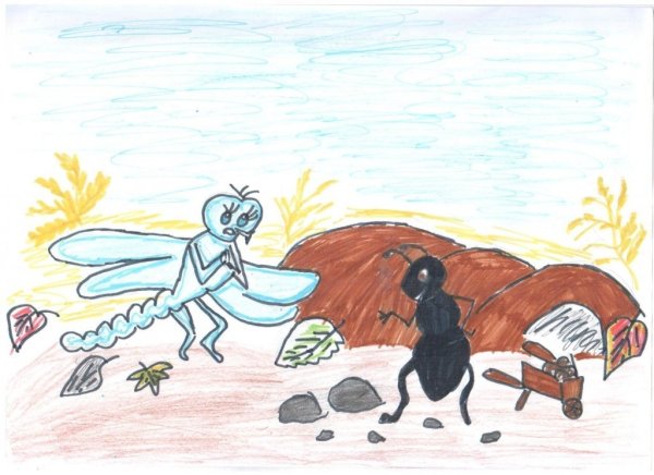 Рисунок по басне Крылова Стрекоза и муравей