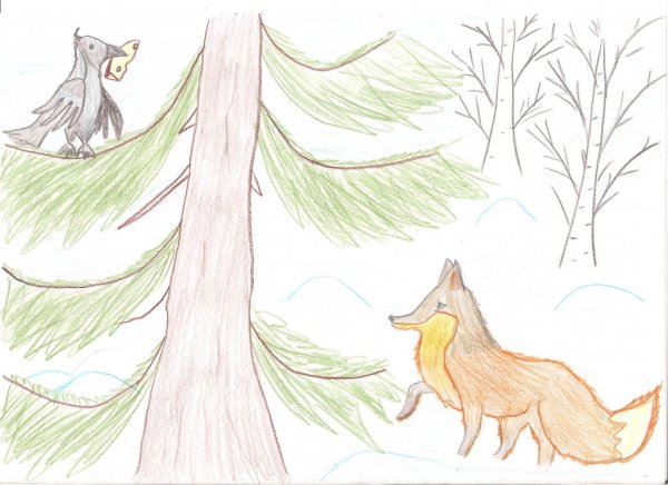 Рисунок к басне Крылова ворона и лисица