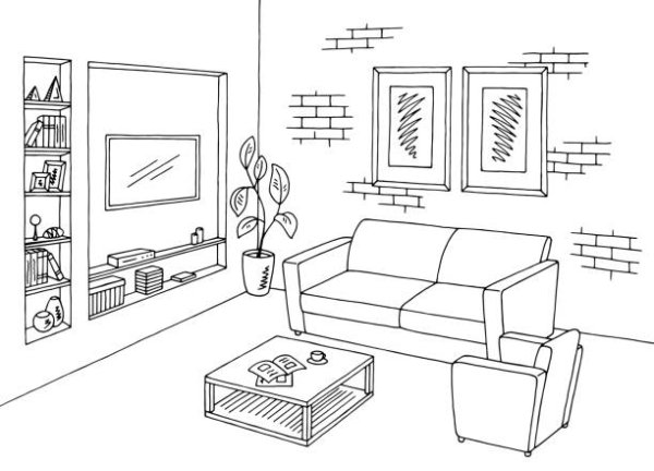 Гостиная рисунок черно белый