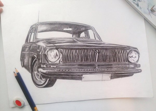 Волга ГАЗ 24 рисунок карандашами