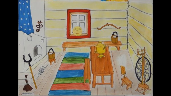 Рисование интерьера русской избы