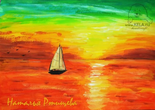 Закат на море гуашью