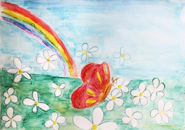 Летний пейзаж цветными карандашами