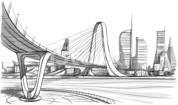 Карандашный набросок города будущего с мостом