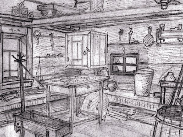 Русская изба внутри рисунок