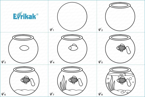 Поэтапное рисование аквариума с рыбками