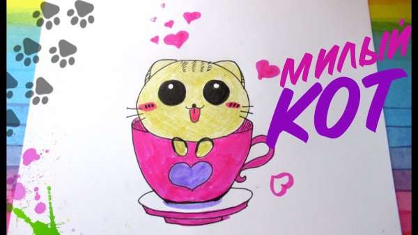 Котик в чашке рисунок