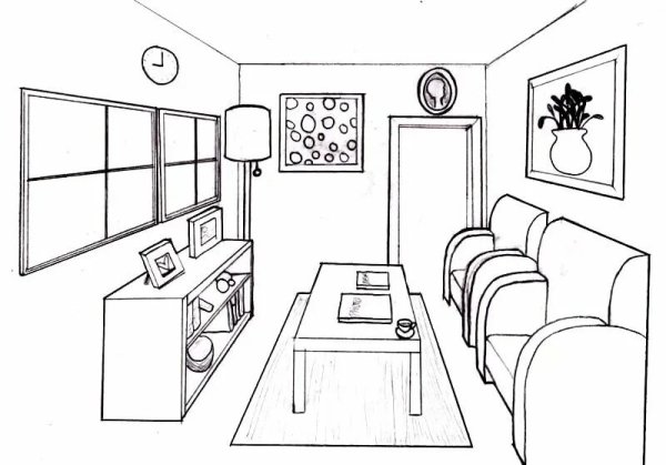 Рисование комнаты с мебелью