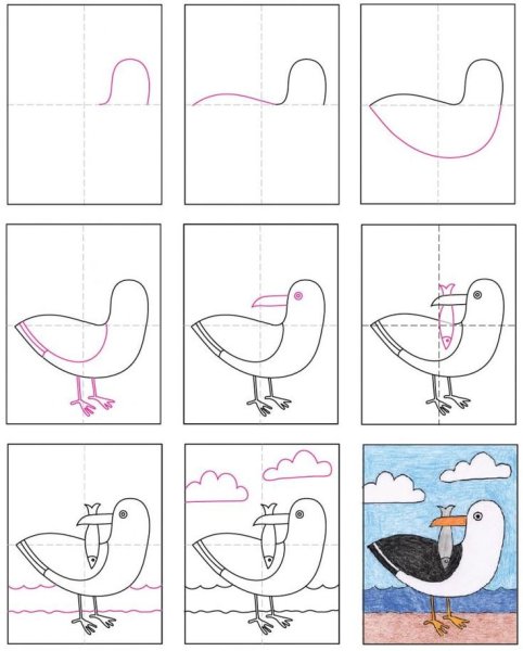 Рисунок чаек в полёте для детей