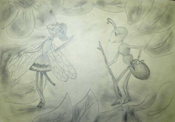 Kak narisovat ” Стрекоза и муравей "